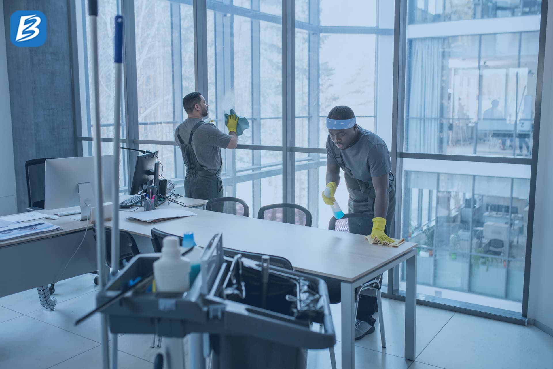 Commercial cleaning team at work
